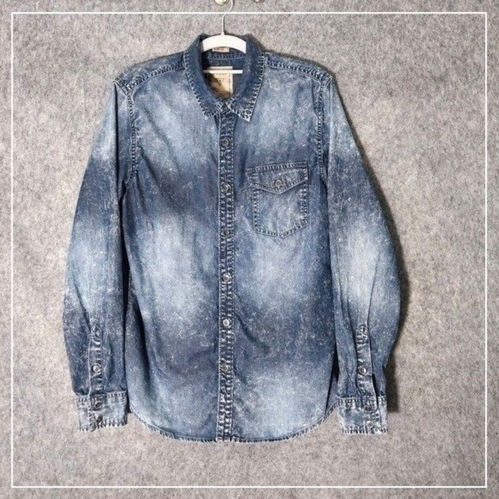 Guess Men Shirt S Blue Chambray Stonewash Denim Western Cowboy Pearl Snap Ranch